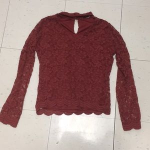 Lace Cutout Long Sleeve with Buttoned Neck